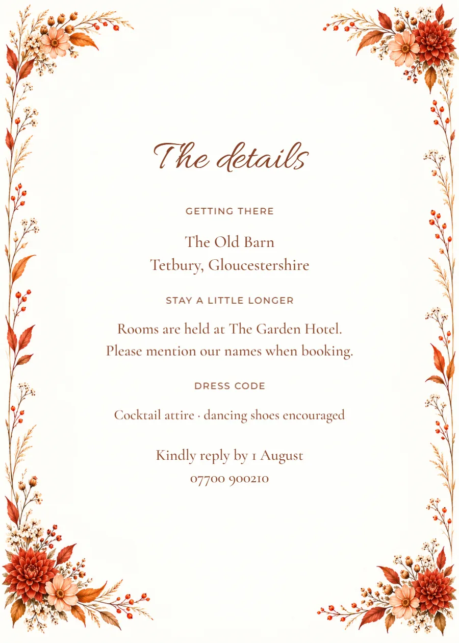 Autumn dahlia – wedding details card: printable design preview