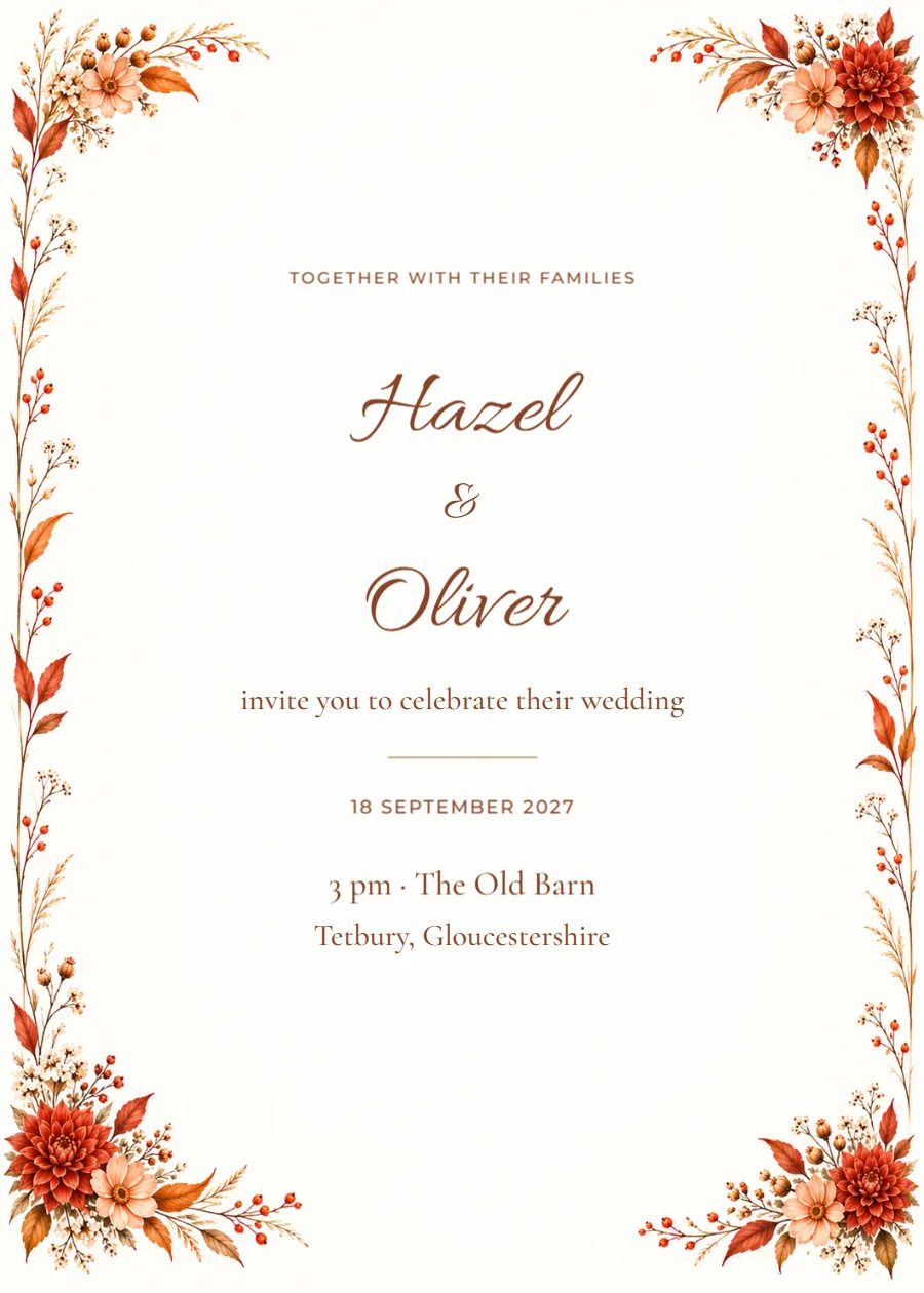 Autumn dahlia – wedding invitation: printable design preview