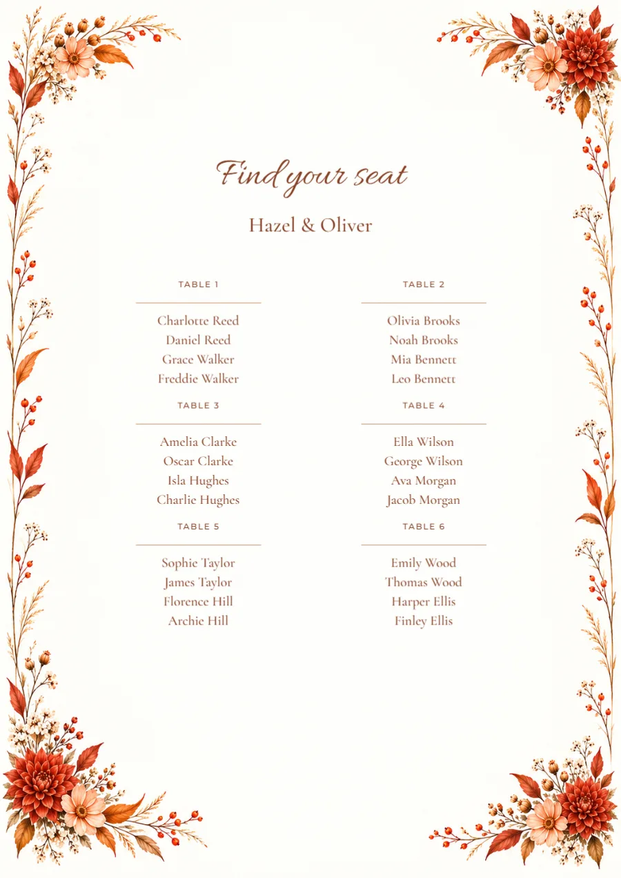 Autumn dahlia – seating plan: printable design preview