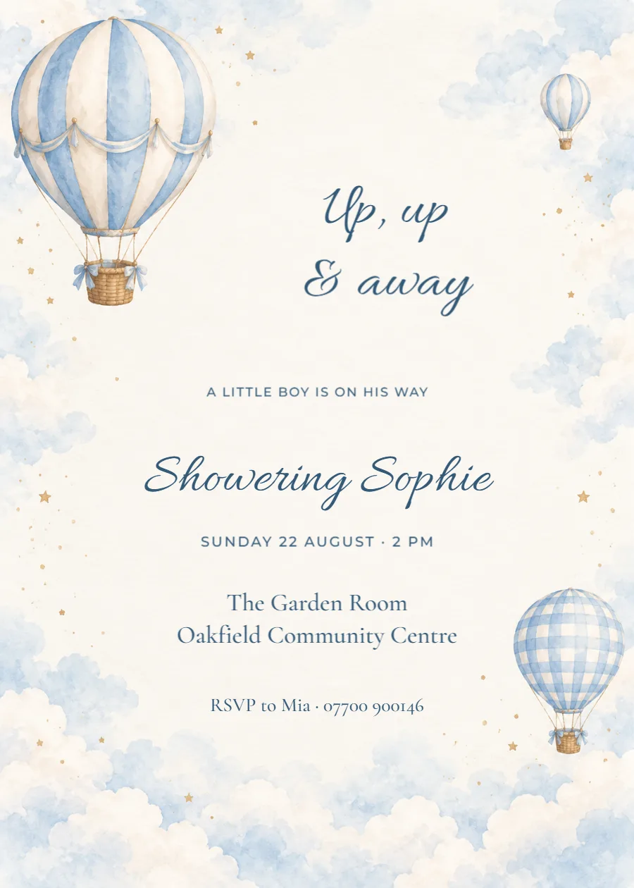Up, up & away – baby boy shower: printable design preview