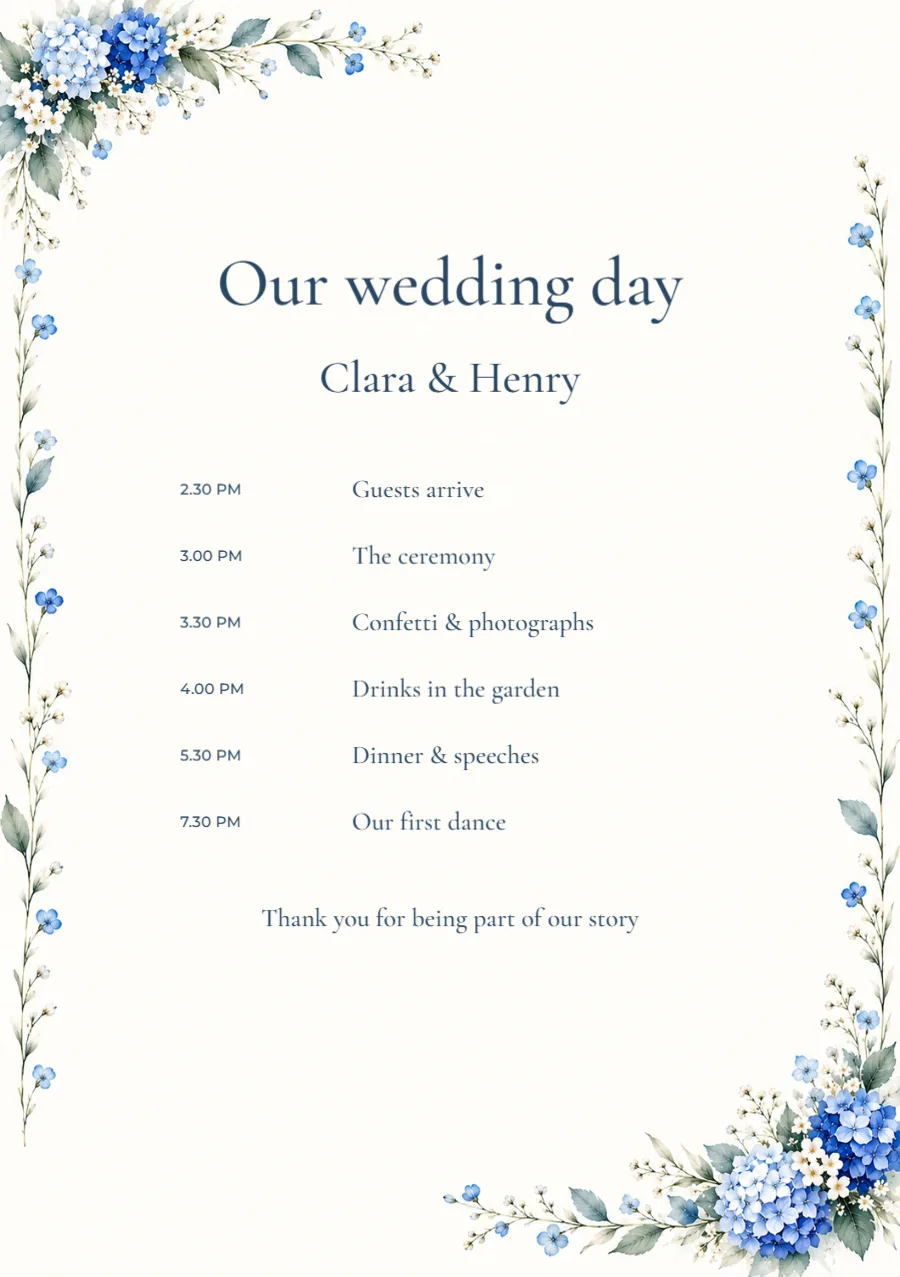 Blue hydrangea – ceremony programme: printable design preview