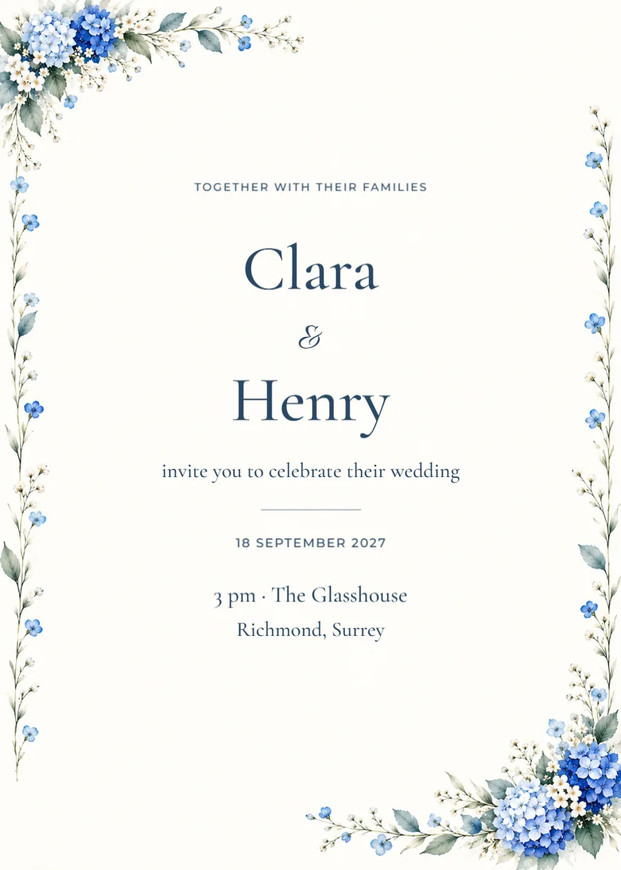 Blue hydrangea – wedding invitation: printable design preview