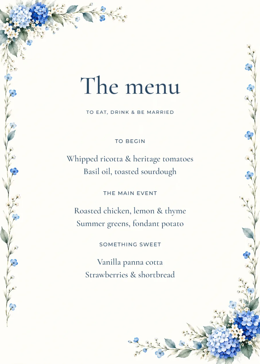 Blue hydrangea – wedding menu: printable design preview