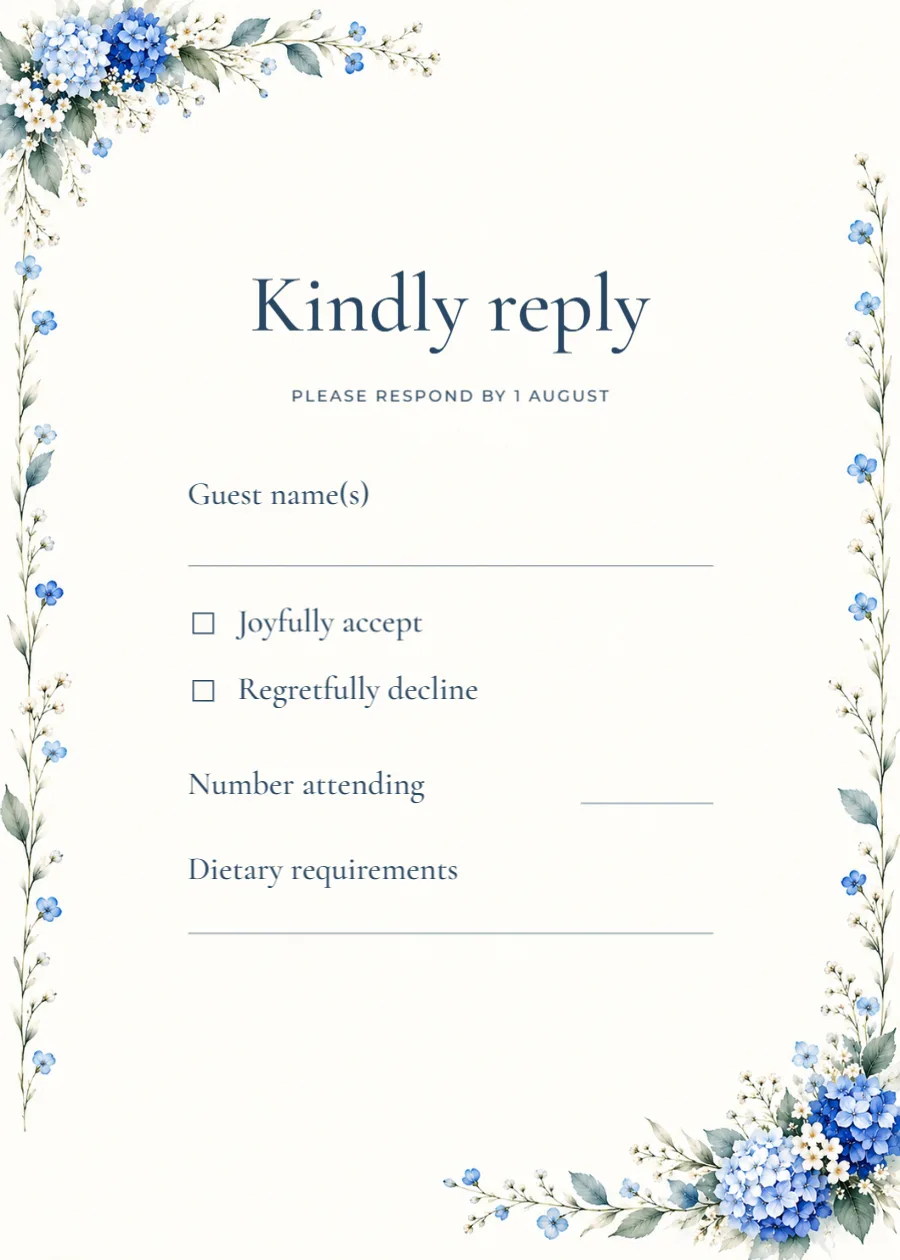 Blue hydrangea – RSVP reply card: printable design preview