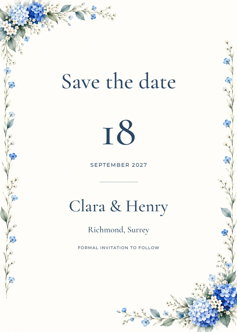 Blue hydrangea – save the date: printable design preview