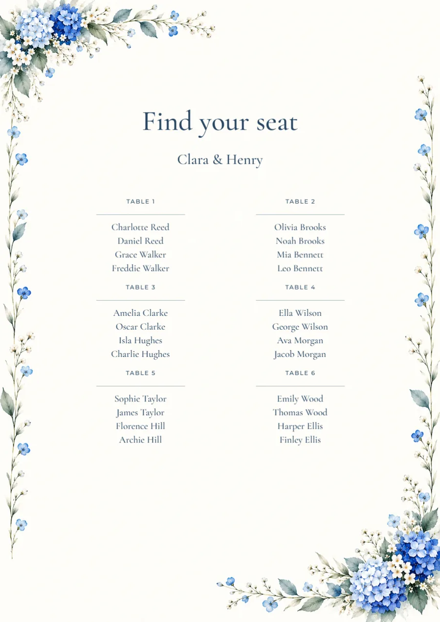 Blue hydrangea – seating plan: printable design preview