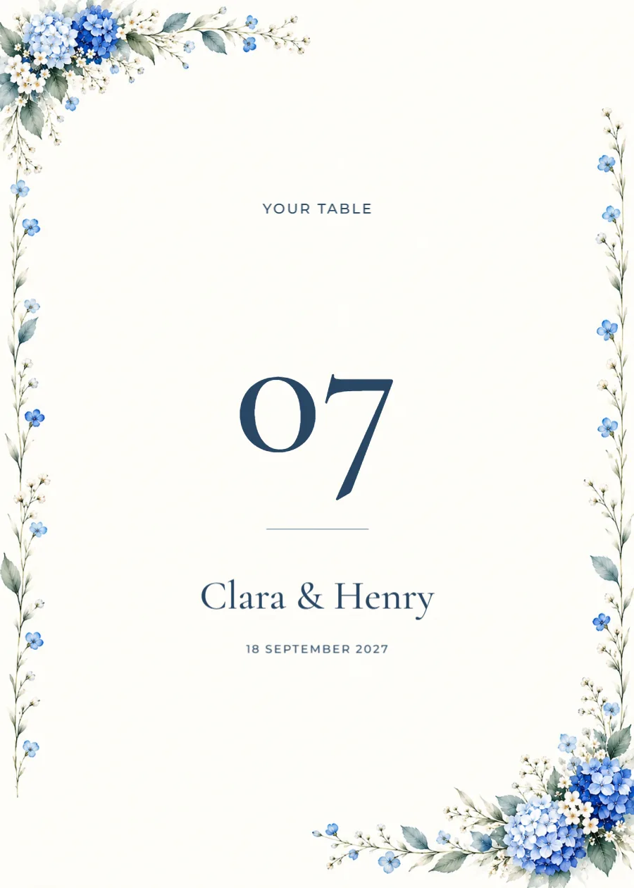 Blue hydrangea – table number: printable design preview