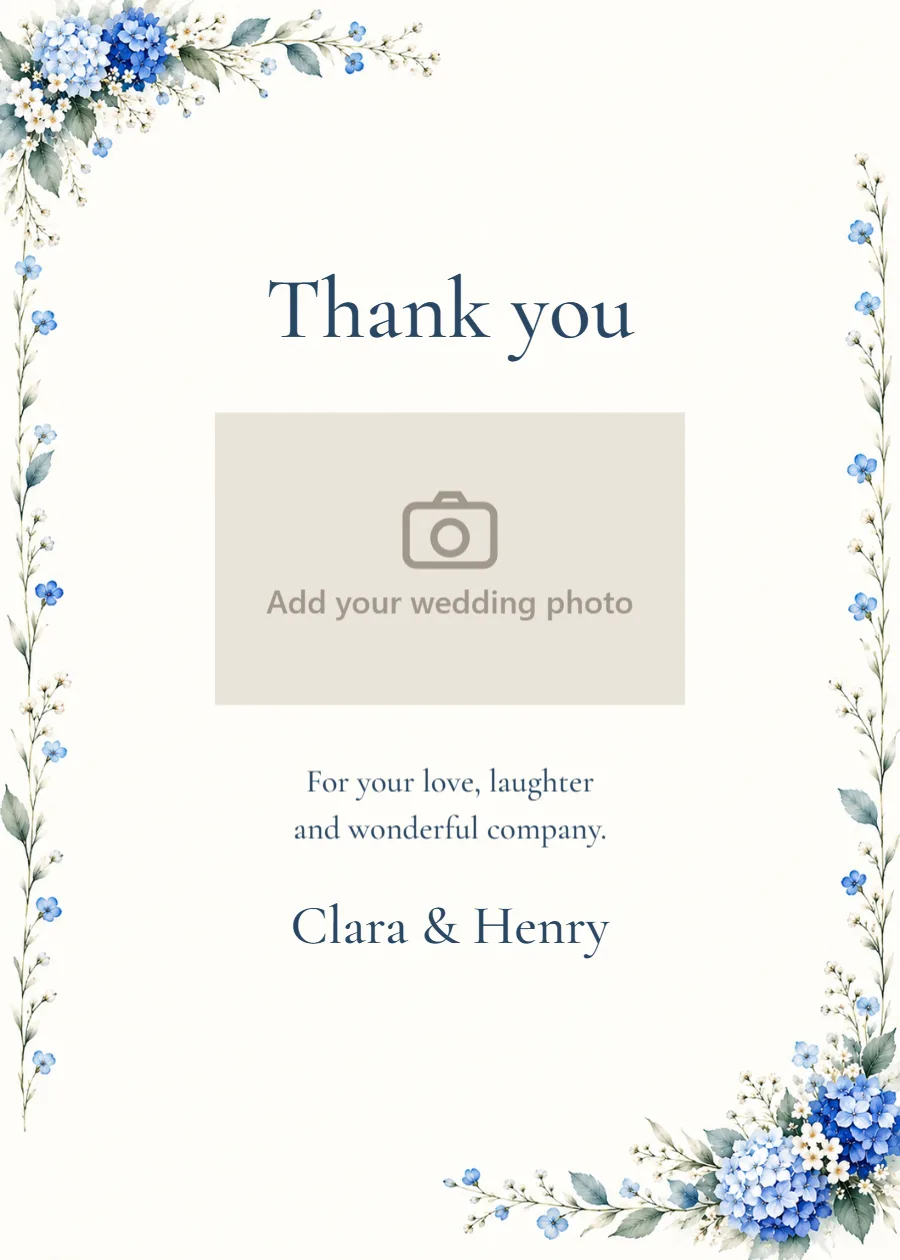 Blue hydrangea – photo thank-you card: printable design preview