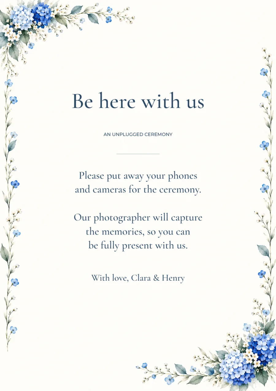 Blue hydrangea – unplugged ceremony sign: printable design preview