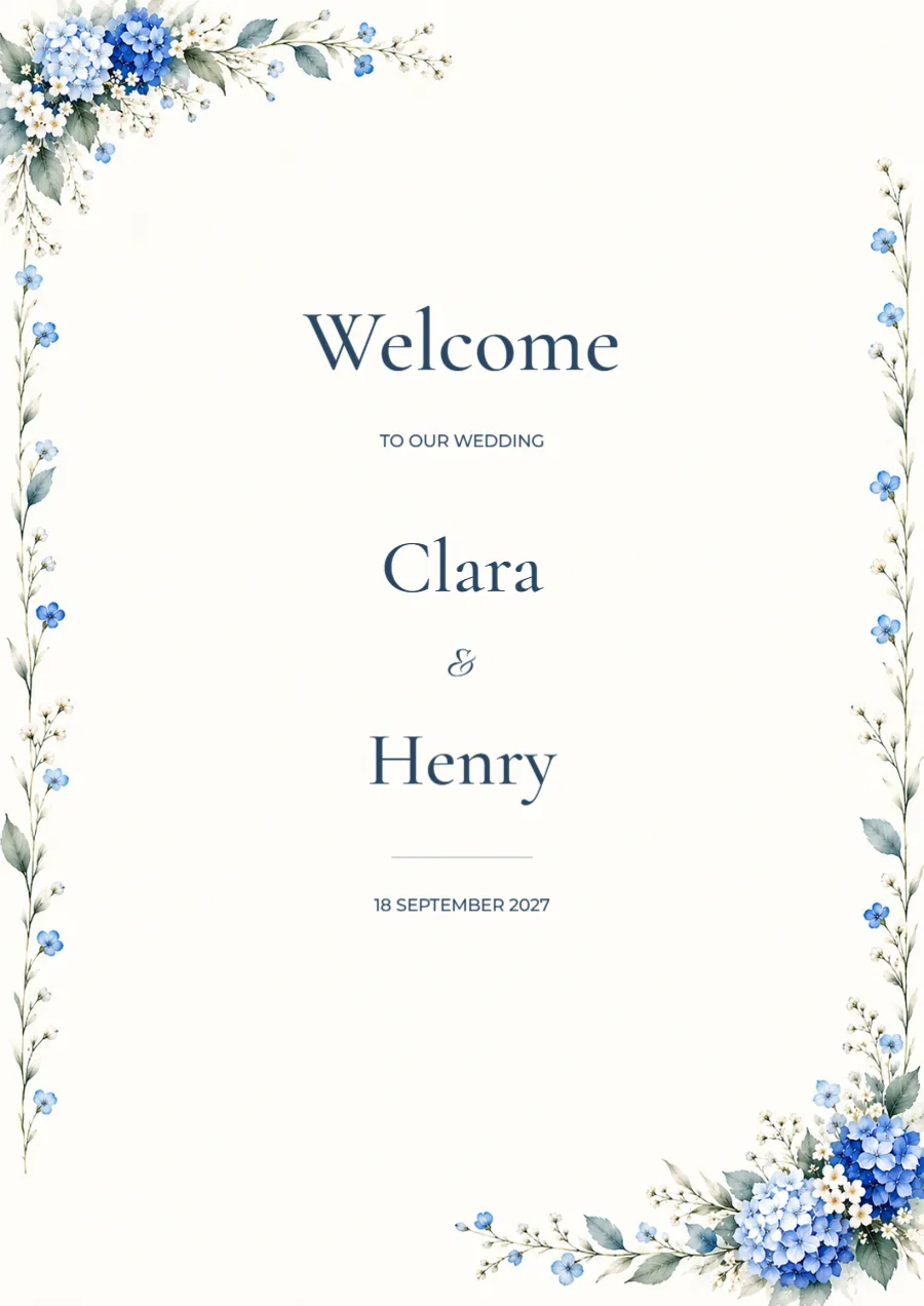 Blue hydrangea – wedding welcome sign: printable design preview