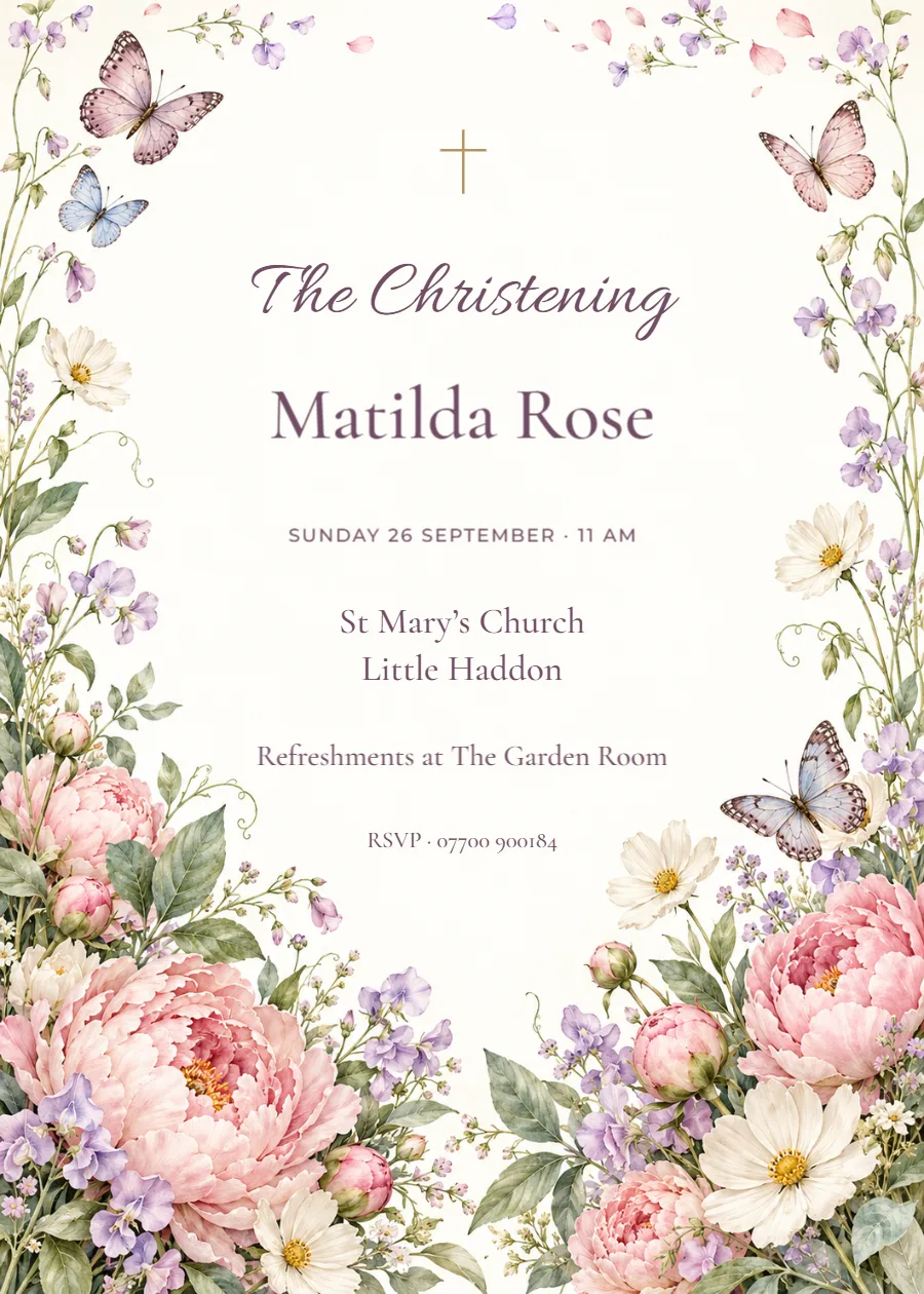 Grace in bloom – butterfly christening: printable design preview