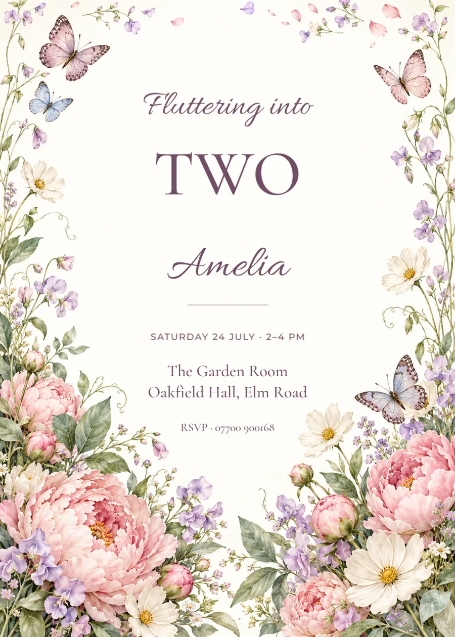 Fluttering into two – butterfly birthday: printable design preview