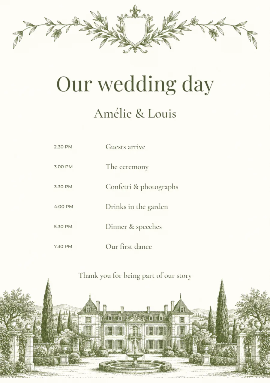 Château estate – ceremony programme: printable design preview