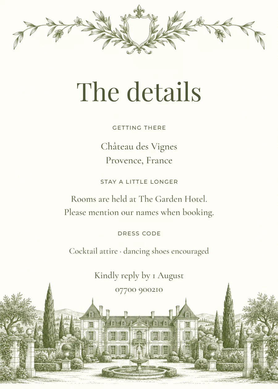 Château estate – wedding details card: printable design preview