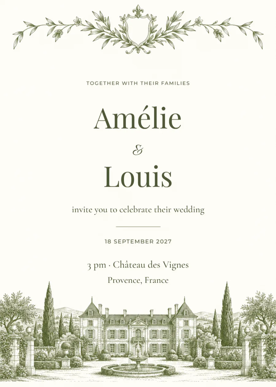 Château estate – wedding invitation: printable design preview