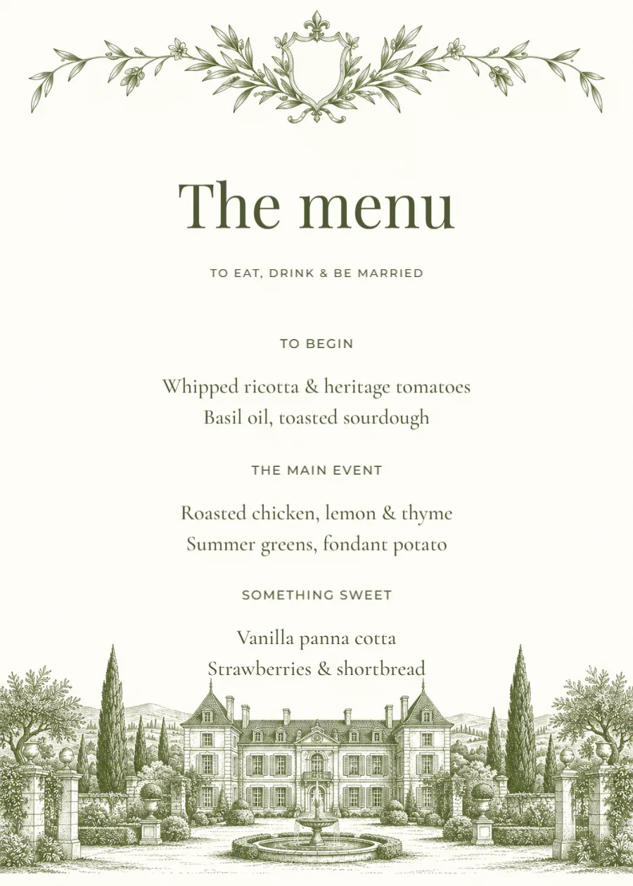 Château estate – wedding menu: printable design preview