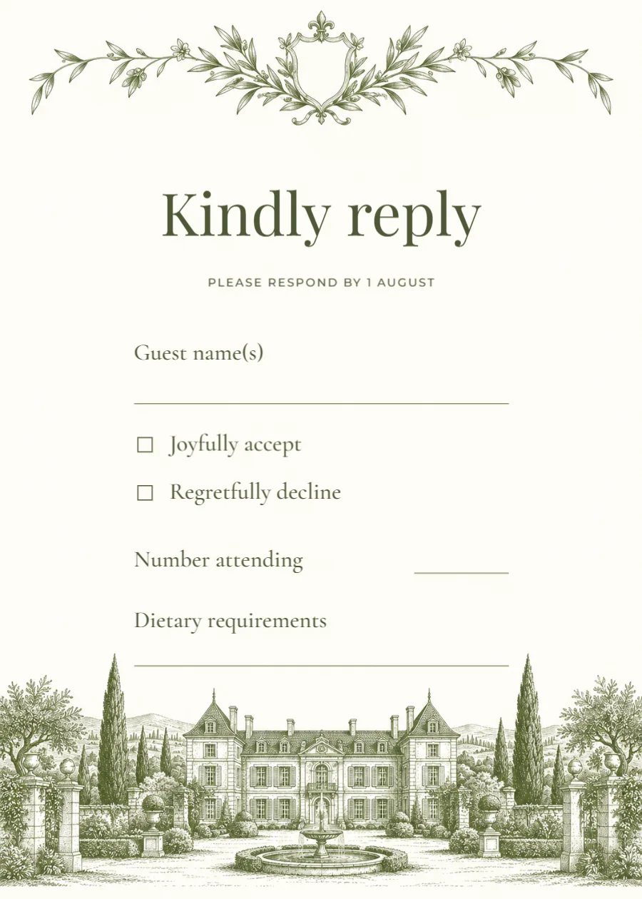 Château estate – RSVP reply card: printable design preview