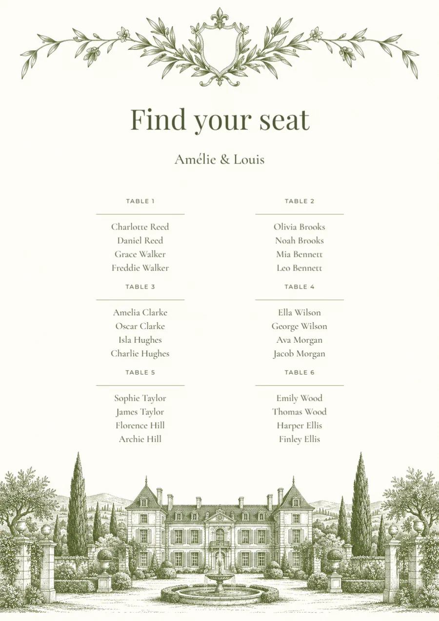 Château estate – seating plan: printable design preview