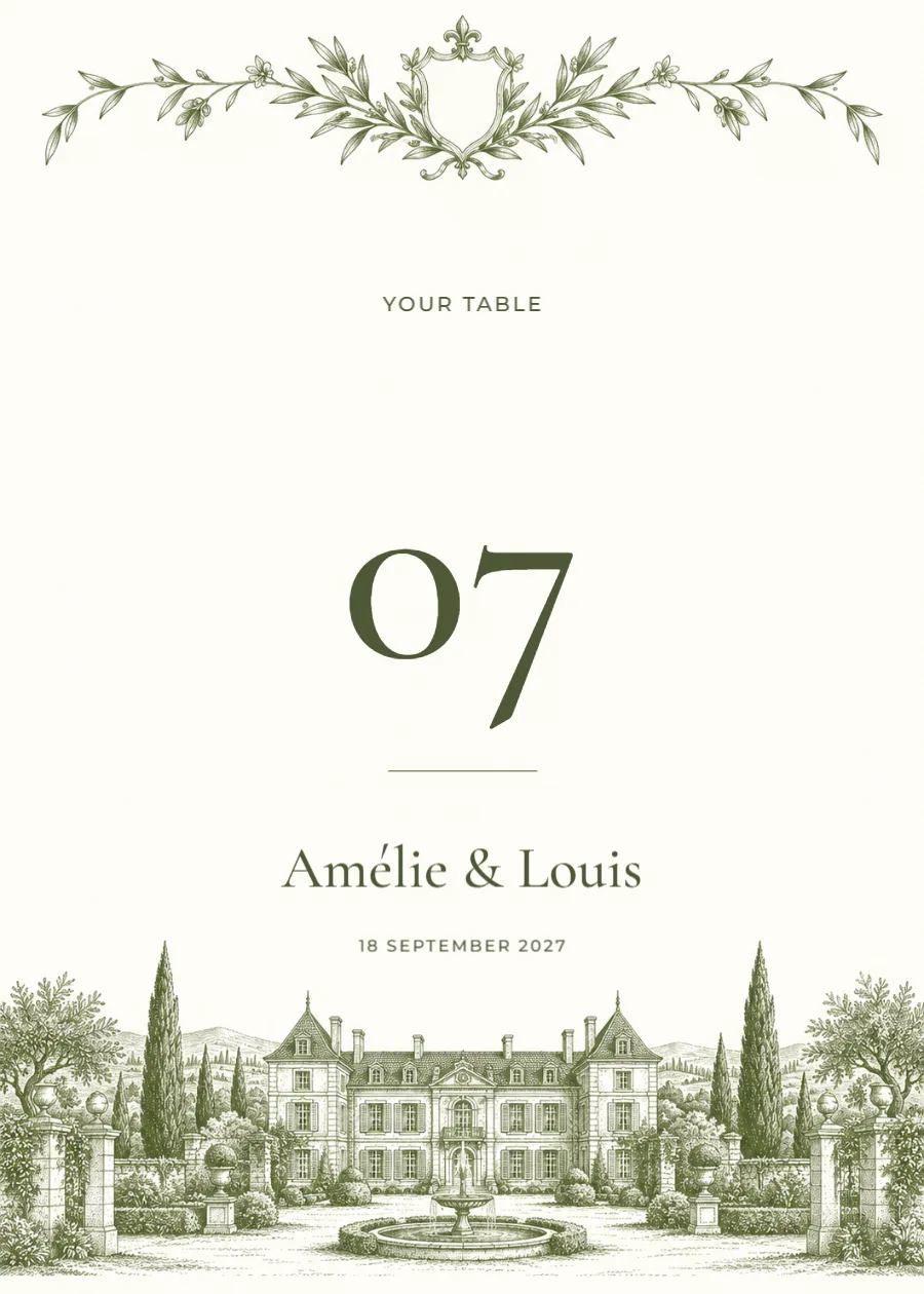 Château estate – table number: printable design preview