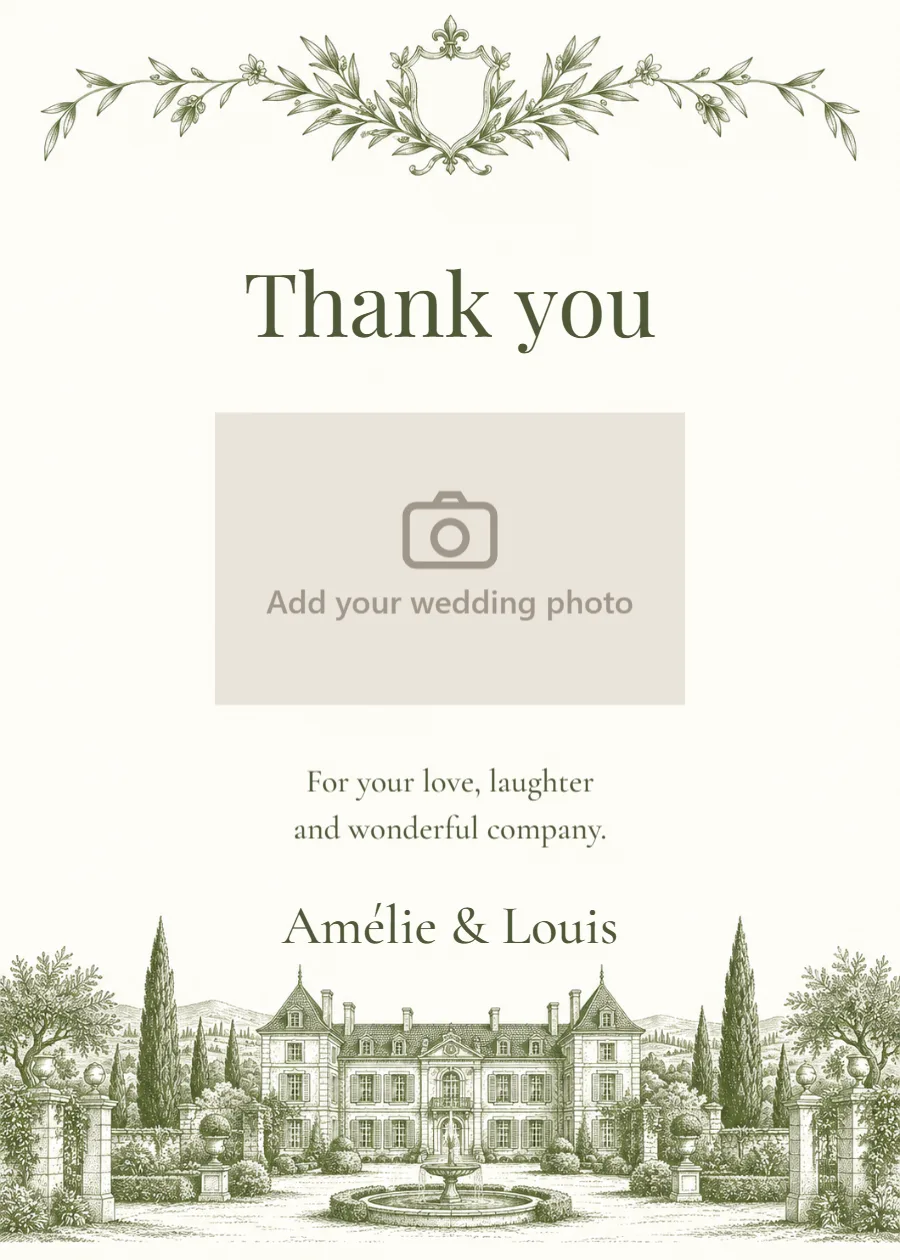Château estate – photo thank-you card: printable design preview