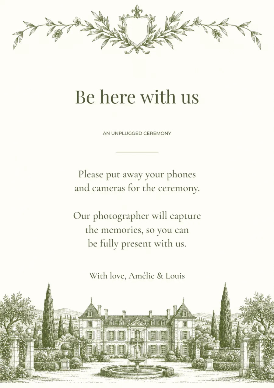 Château estate – unplugged ceremony sign: printable design preview
