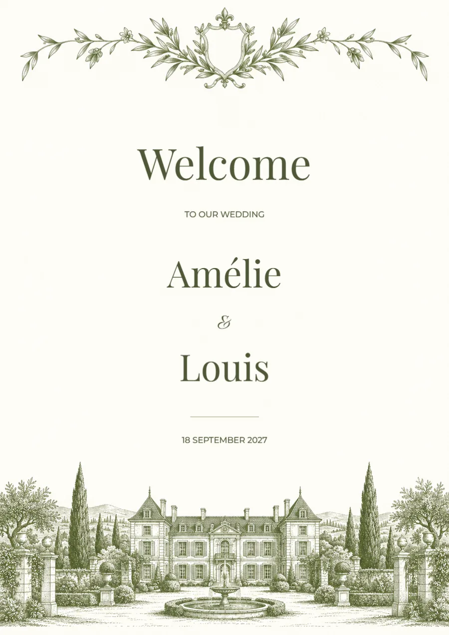 Château estate – wedding welcome sign: printable design preview
