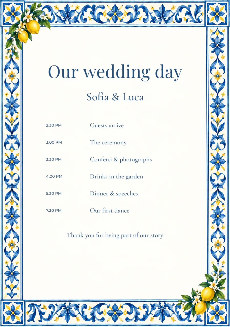 Citrus riviera – ceremony programme: printable design preview