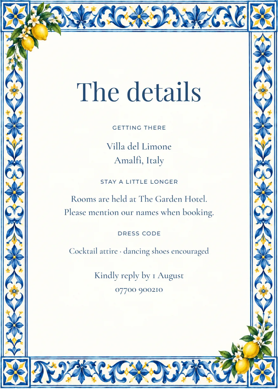 Citrus riviera – wedding details card: printable design preview