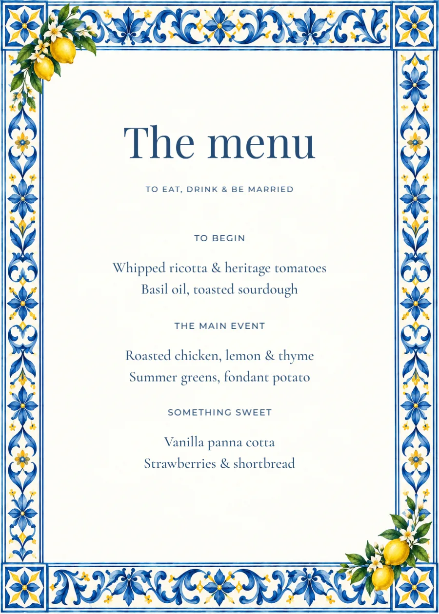Citrus riviera – wedding menu: printable design preview