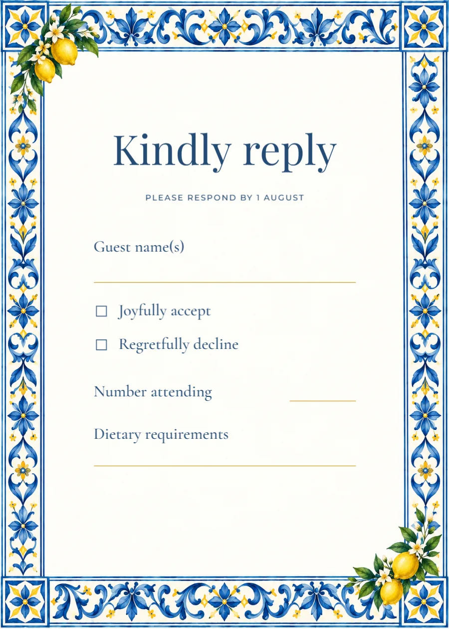 Citrus riviera – RSVP reply card: printable design preview