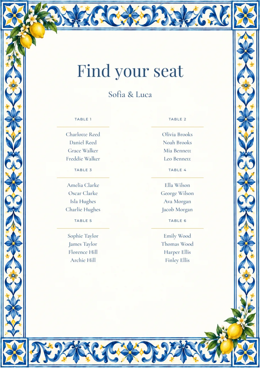 Citrus riviera – seating plan: printable design preview
