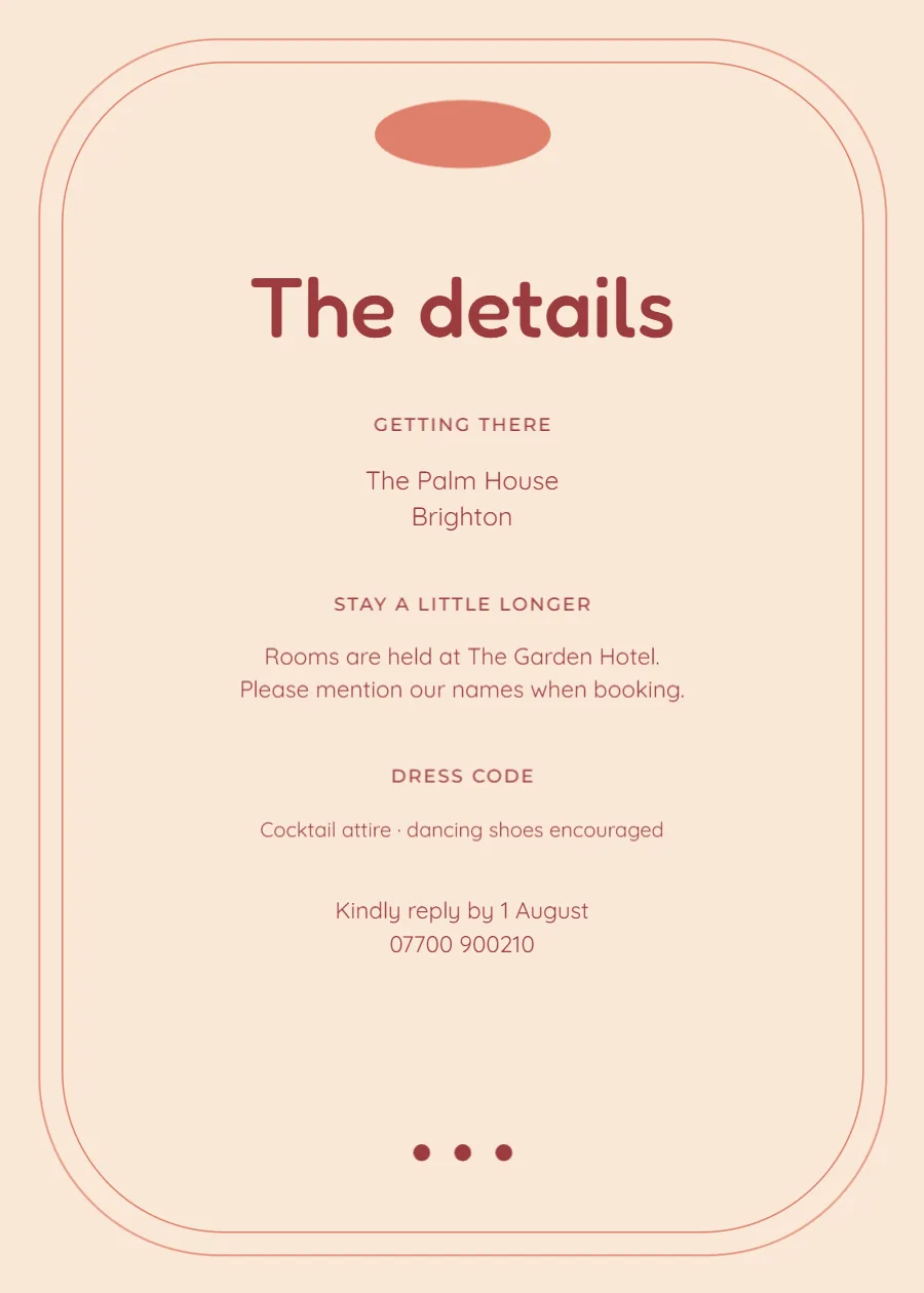 Coral retro – wedding details card: printable design preview