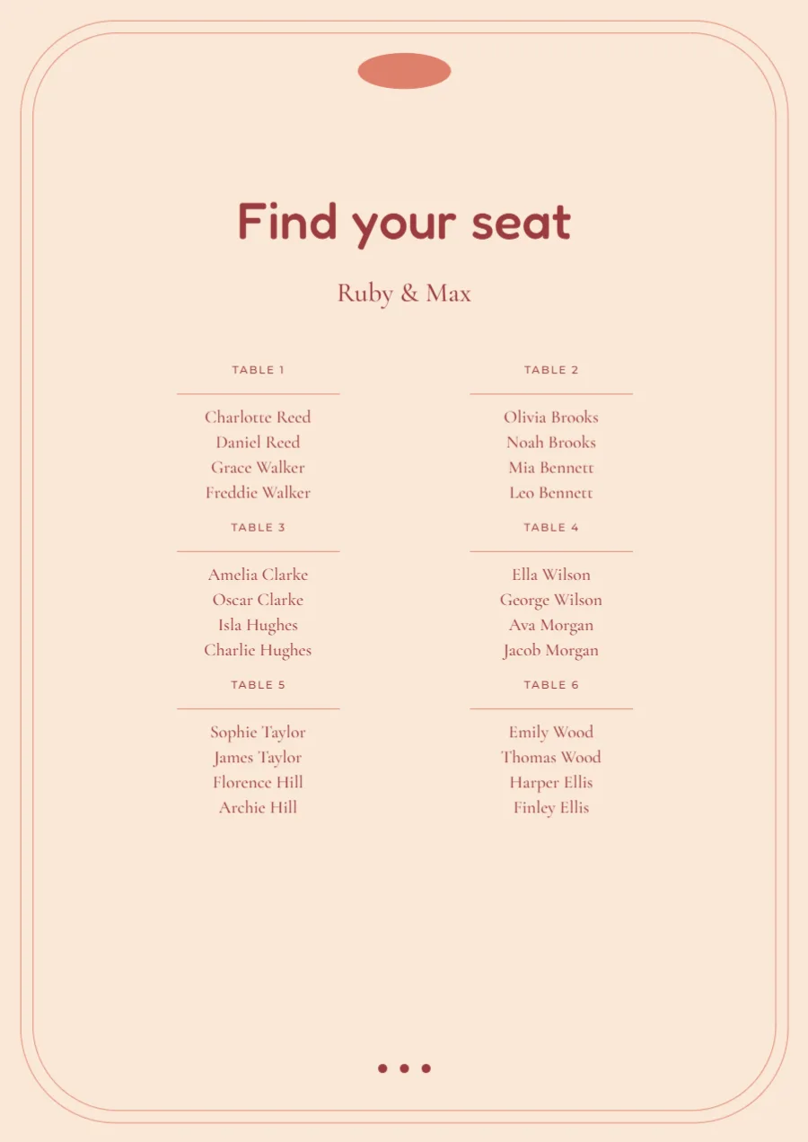 Coral retro – seating plan: printable design preview