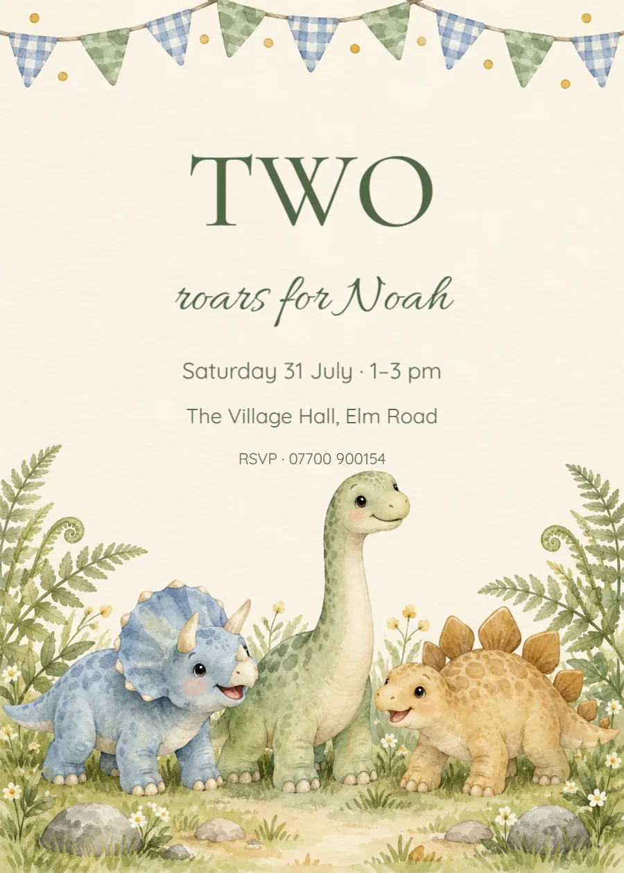 Two roars for Noah – dinosaur birthday: printable design preview