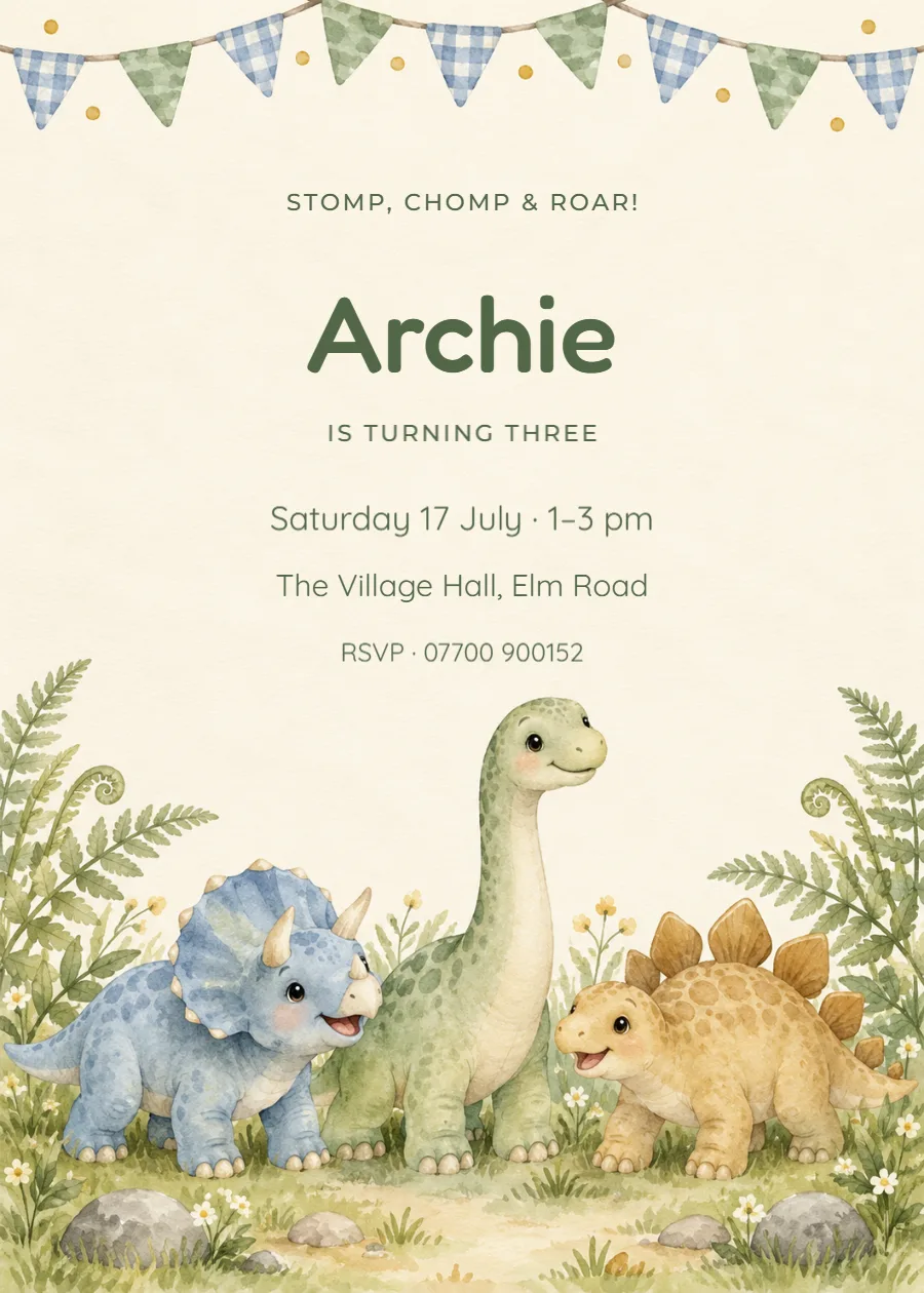 Stomp, chomp & roar – third birthday: printable design preview