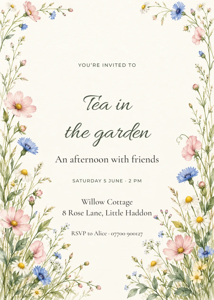 Tea in the garden – party invitation: printable design preview
