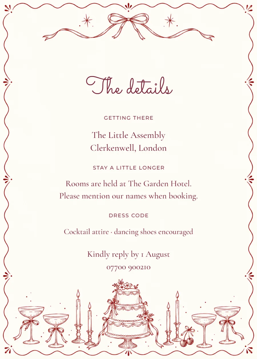 Merlot doodles – wedding details card: printable design preview