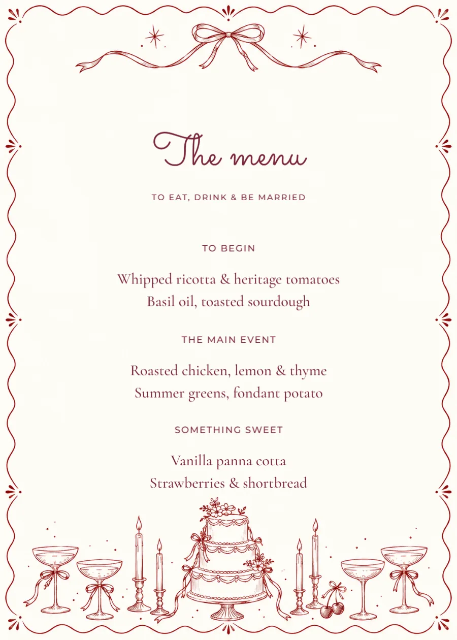 Merlot doodles – wedding menu: printable design preview