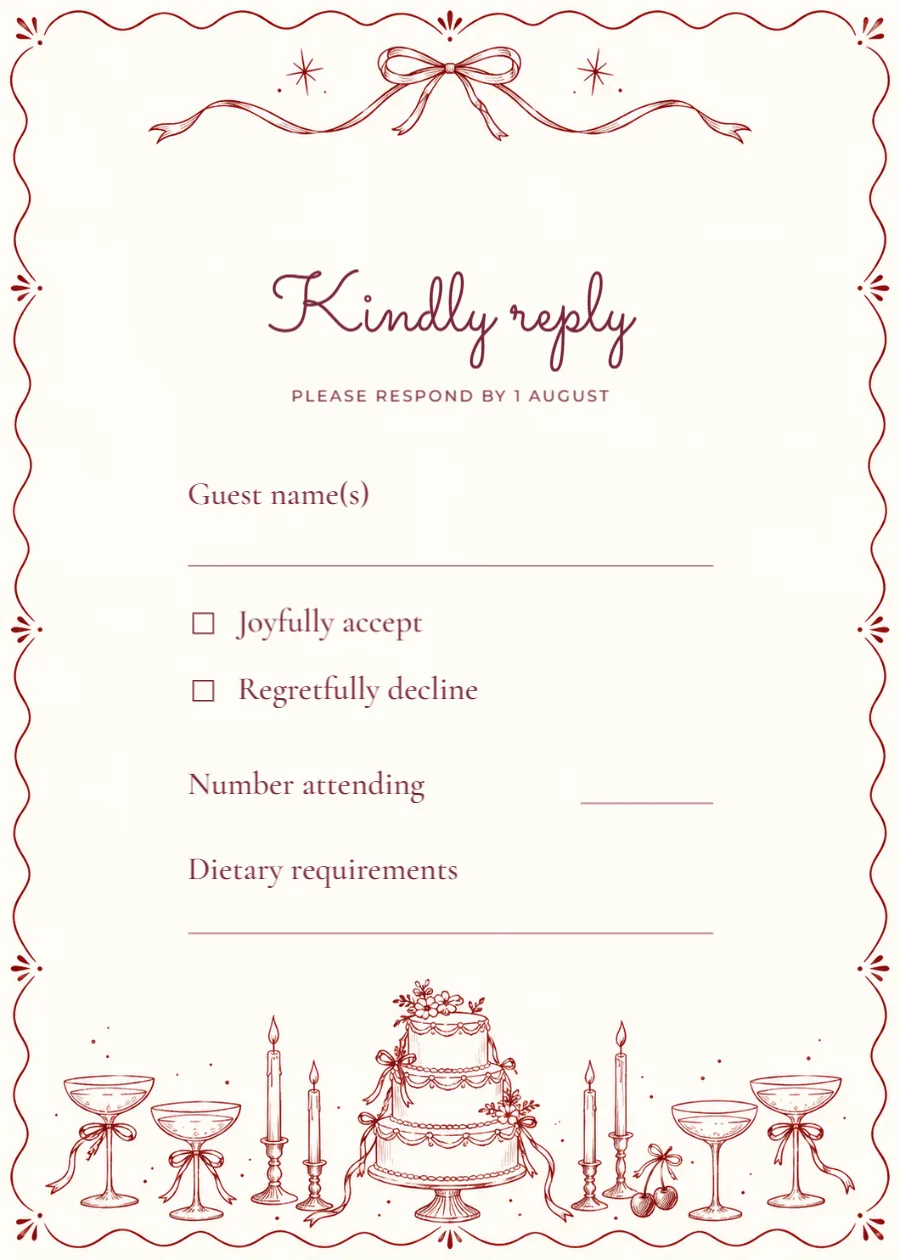 Merlot doodles – RSVP reply card: printable design preview