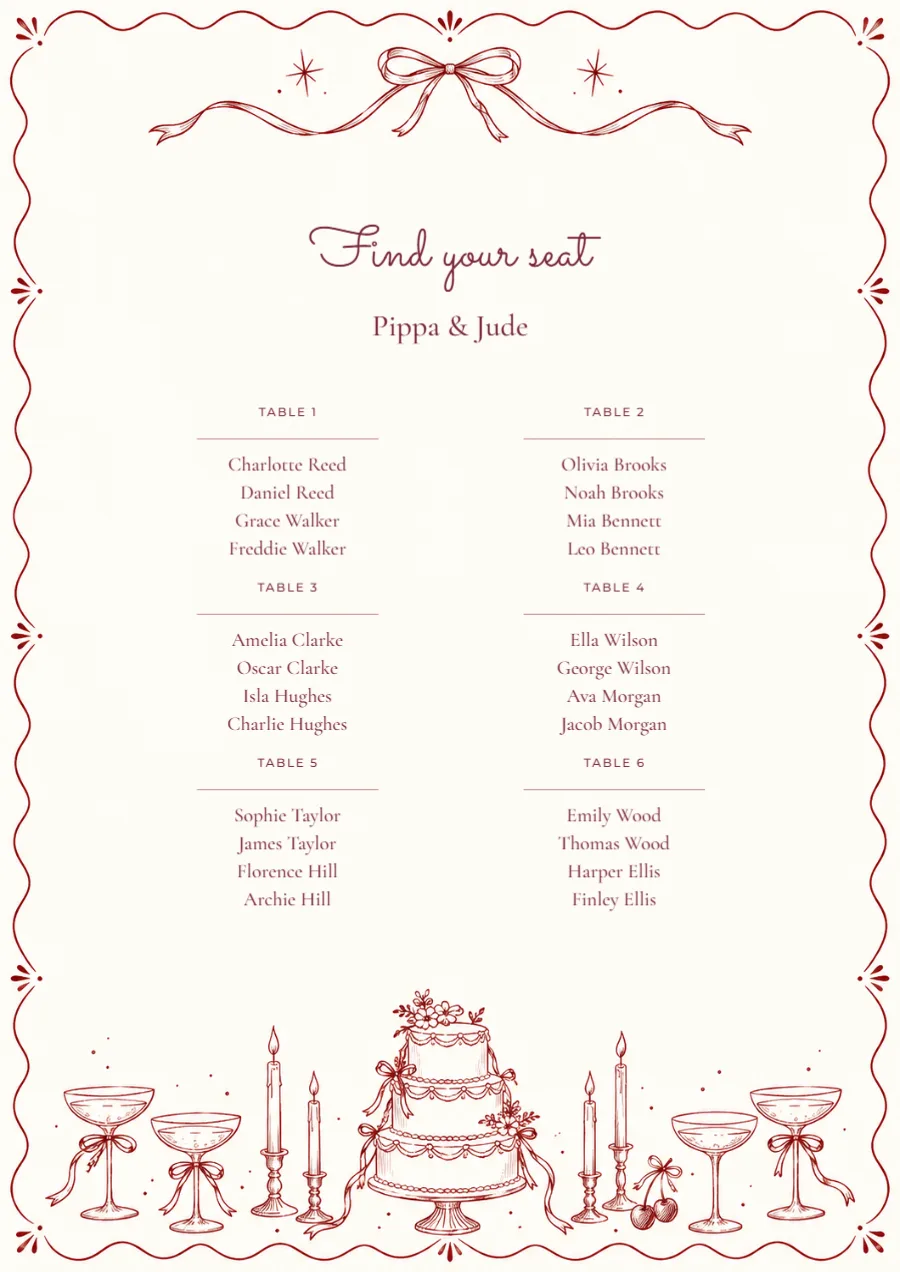 Merlot doodles – seating plan: printable design preview