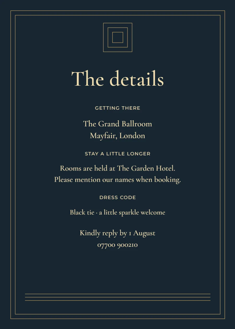 Midnight deco – wedding details card: printable design preview