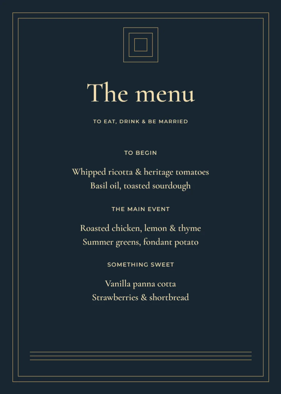 Midnight deco – wedding menu: printable design preview