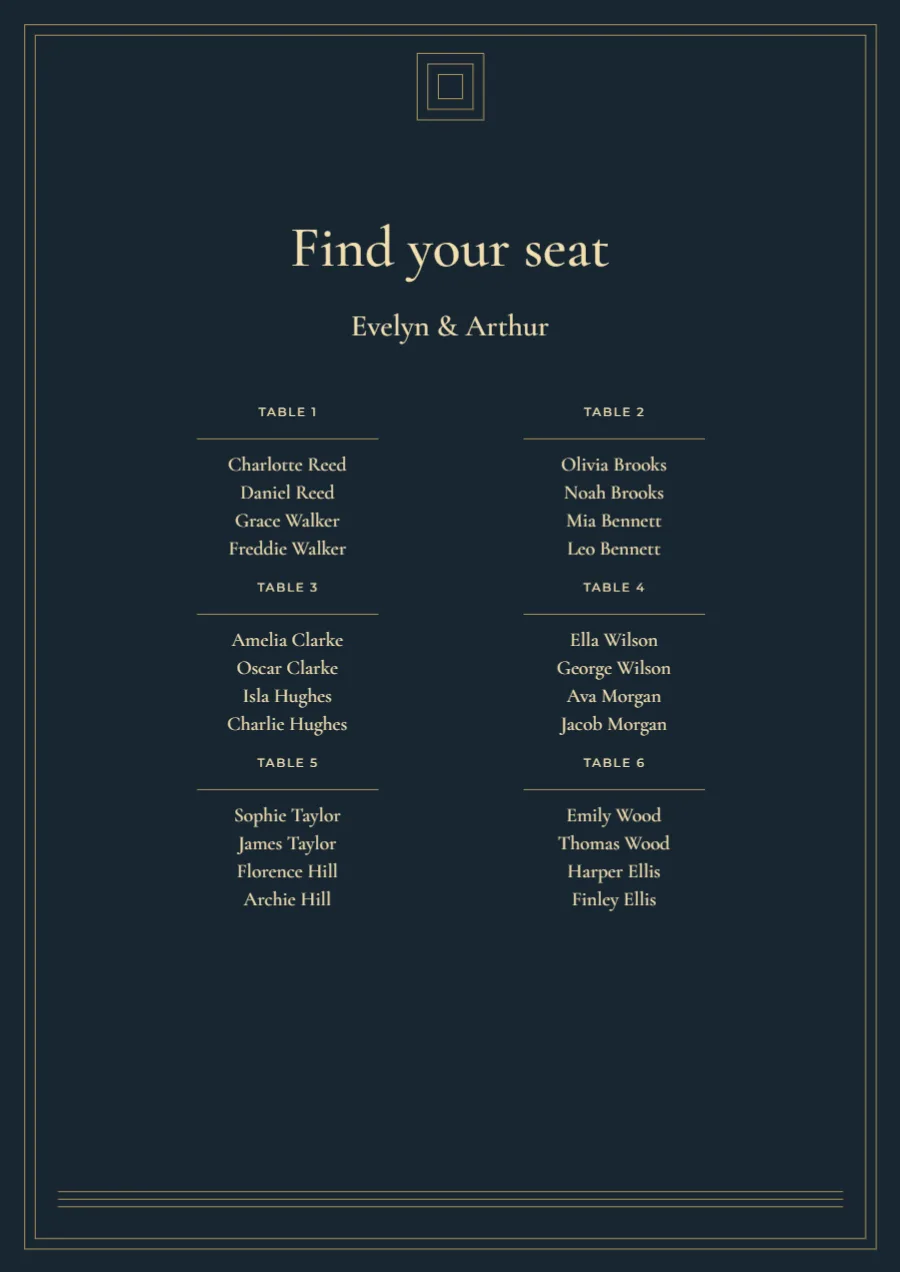 Midnight deco – seating plan: printable design preview
