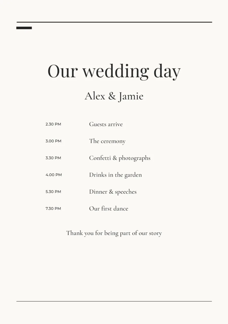 Modern editorial – ceremony programme: printable design preview