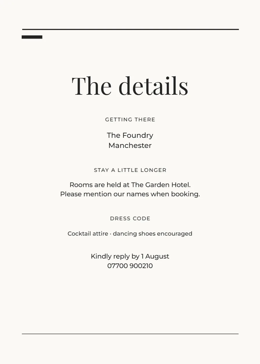 Modern editorial – wedding details card: printable design preview