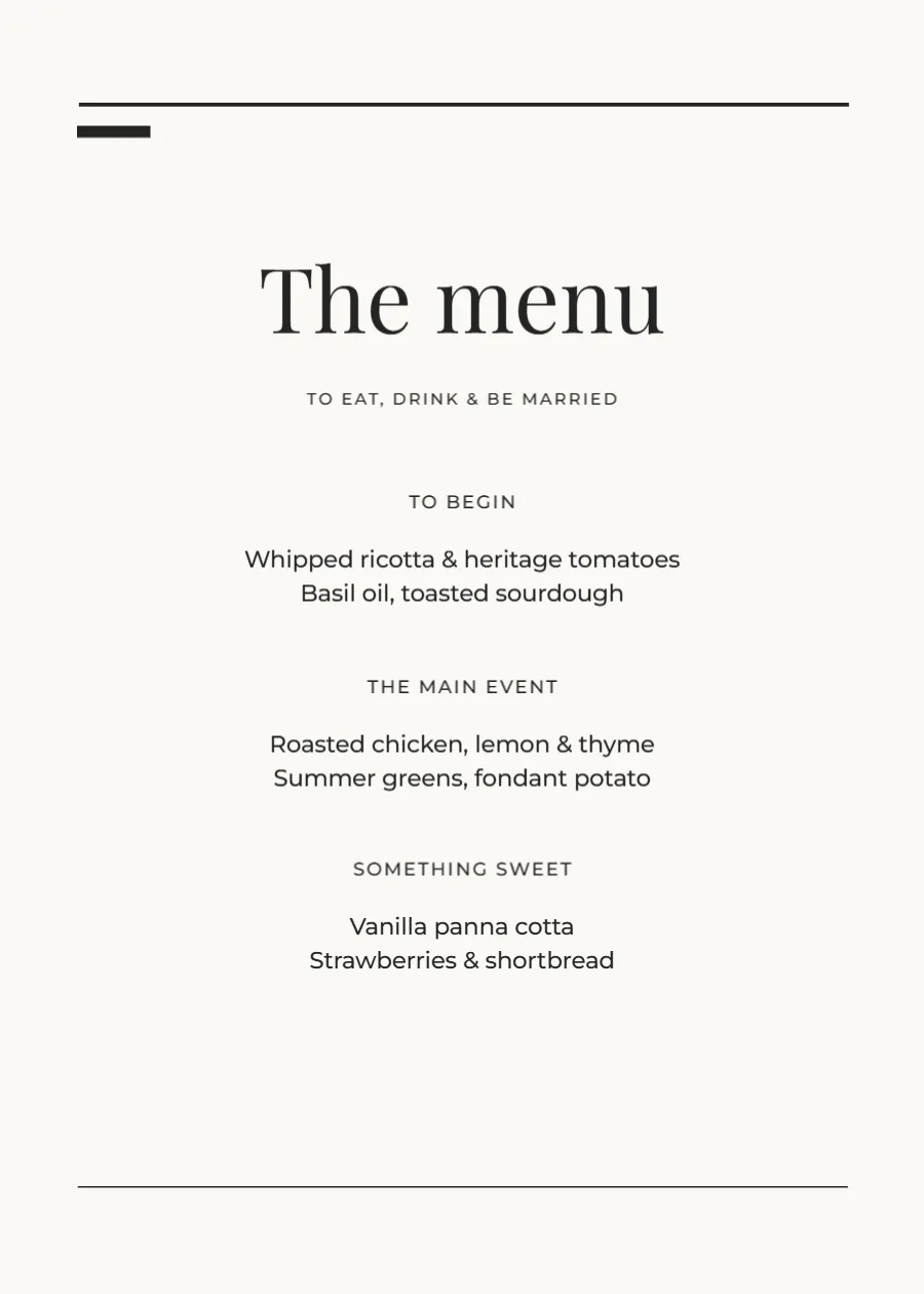 Modern editorial – wedding menu: printable design preview