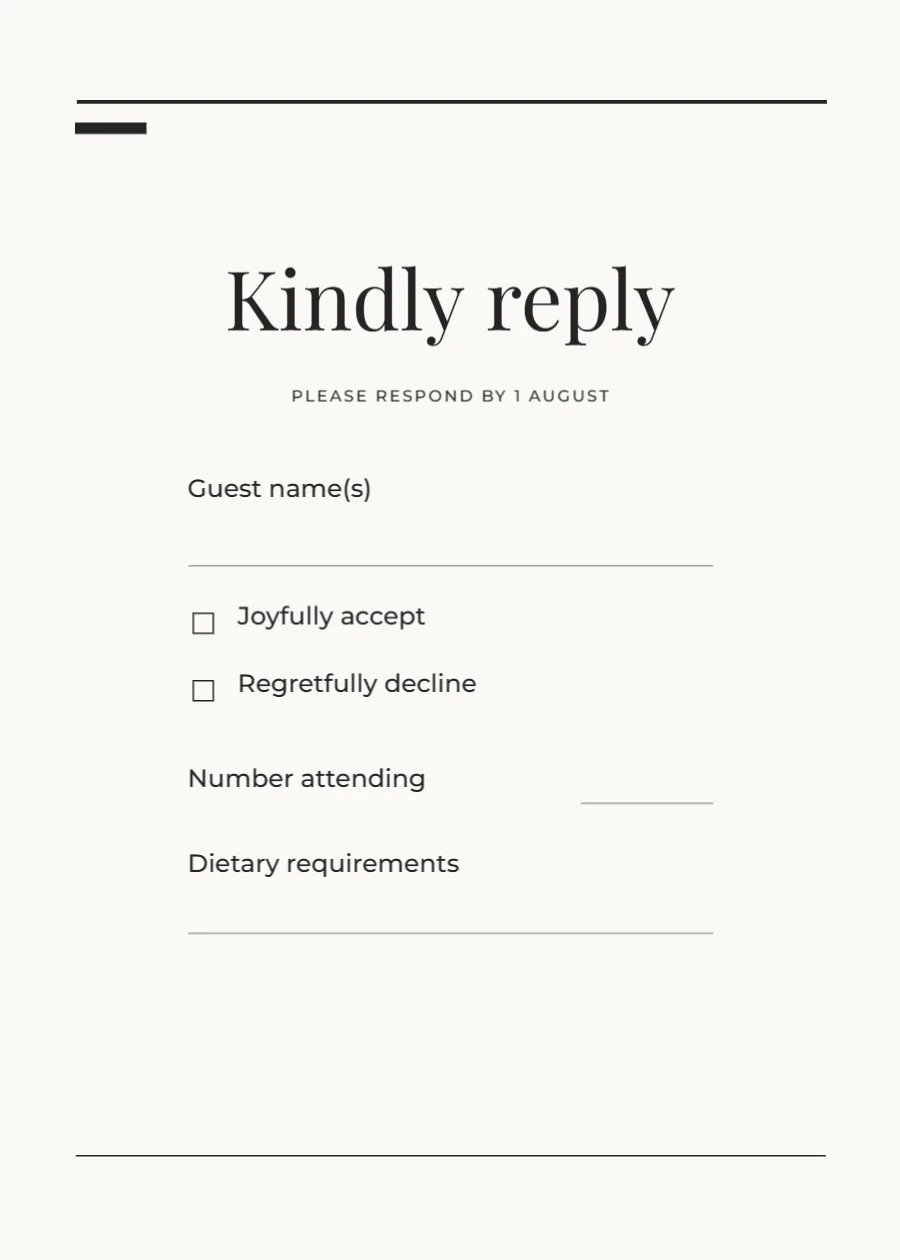 Modern editorial – RSVP reply card: printable design preview