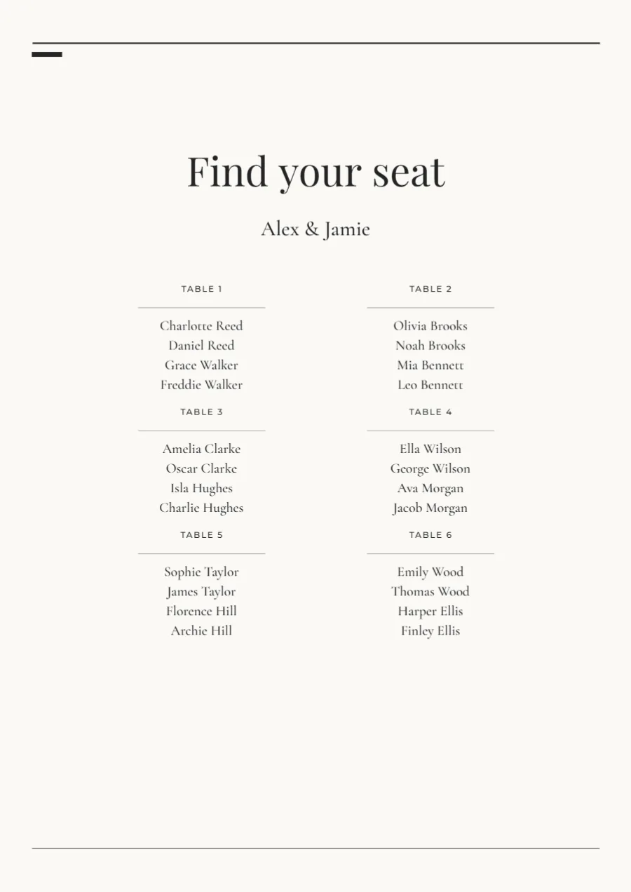 Modern editorial – seating plan: printable design preview