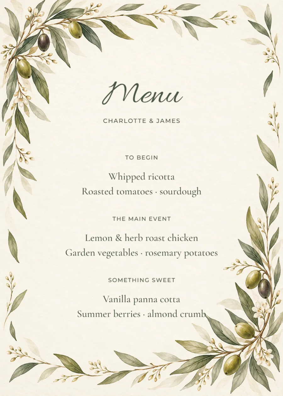 Olive garden – wedding menu: printable design preview