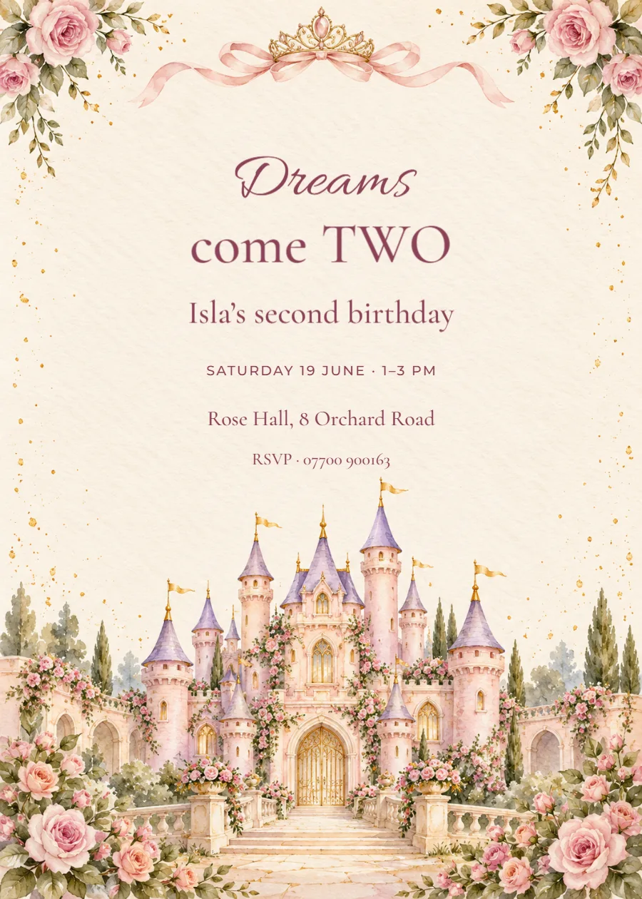 Dreams come two – princess birthday: printable design preview